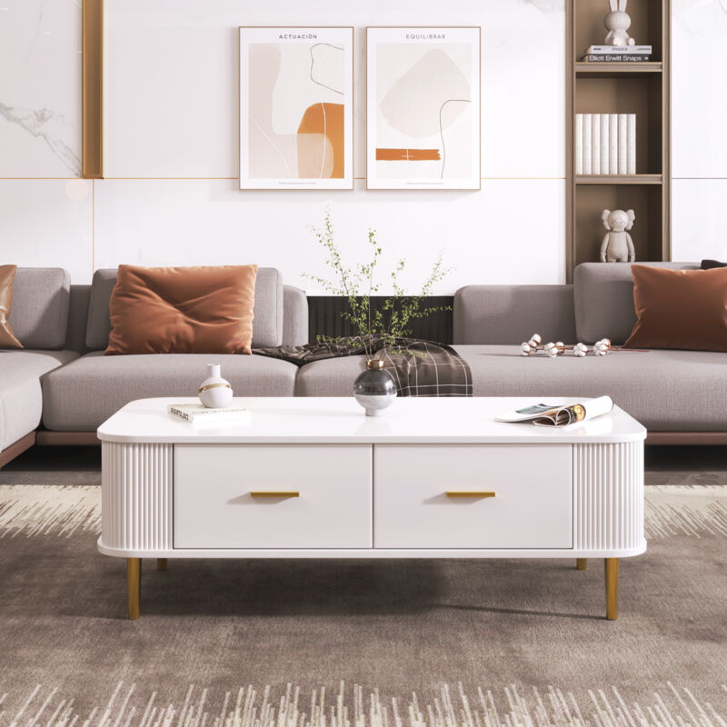 Table basse avec 4 tiroirs 105x51x38cm - table de salon avec coins incurvés et côtés ondulé - en mdf blanc