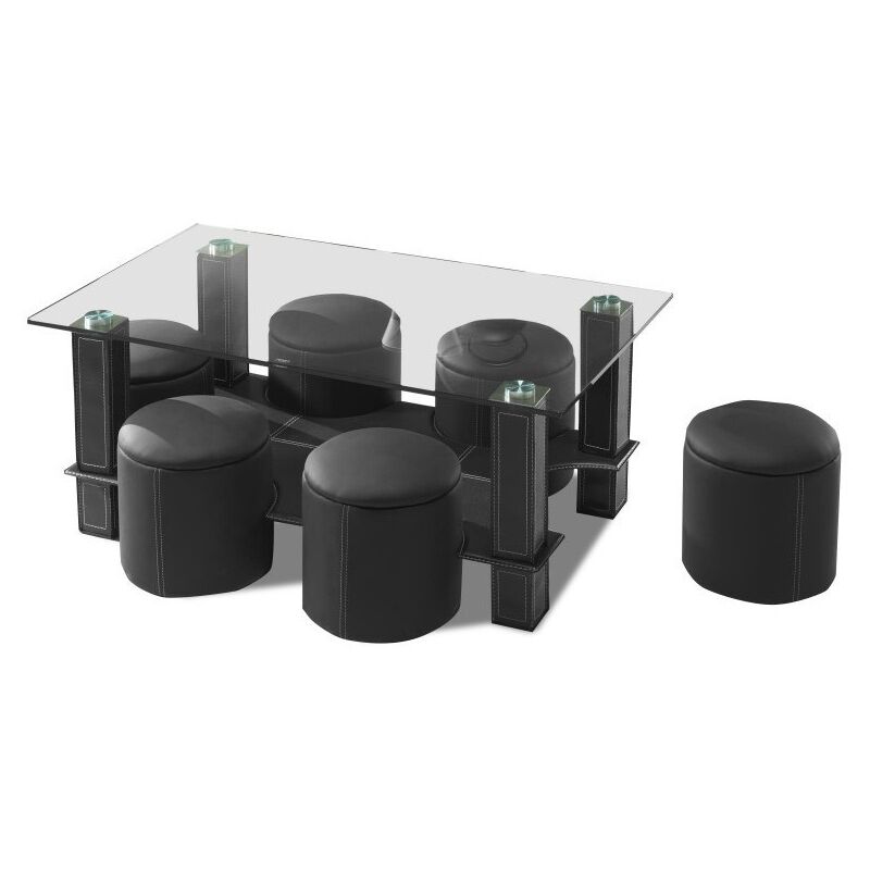 Table basse avec 6 poufs collection JULIA. Meuble type CONTEMPORAIN coloris noir - Noir