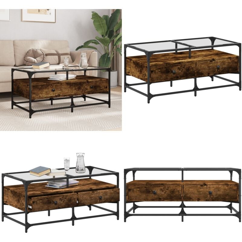 Vidaxl - Table basse avec dessus en verre chêne fumé 98,5x50x45 cm acier - Table Basse - Meuble Salon - Table D'appoint - Table Design - Table En