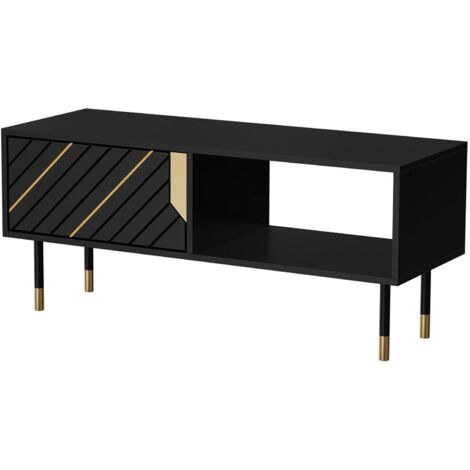 Table basse, avec deux compartiments de rangement et portes abattantes, surélevée du sol, 110x60 h46 cm, noir et or