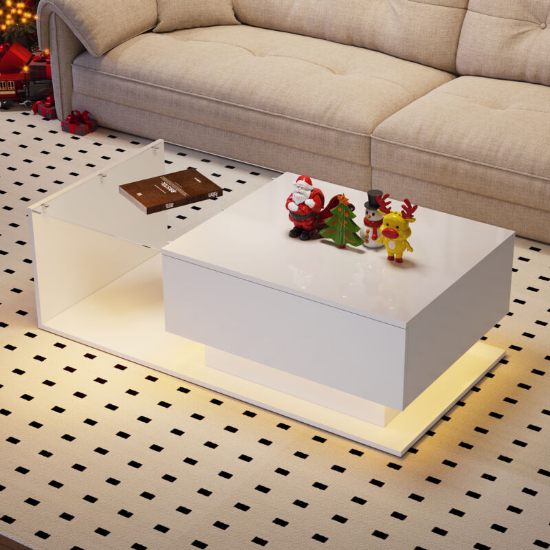 Modernluxe - Table basse avec éclairage led - avec plateau en verre et tiroirs - Blanc