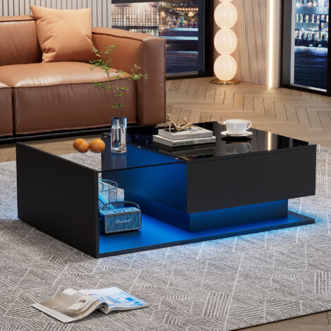 Table basse avec éclairage LED - avec plateau en verre et tiroirs - Noir