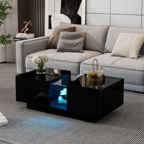 Table basse avec éclairage LED et 2 tiroirs, en acrylique et MDF, pour salon, noir