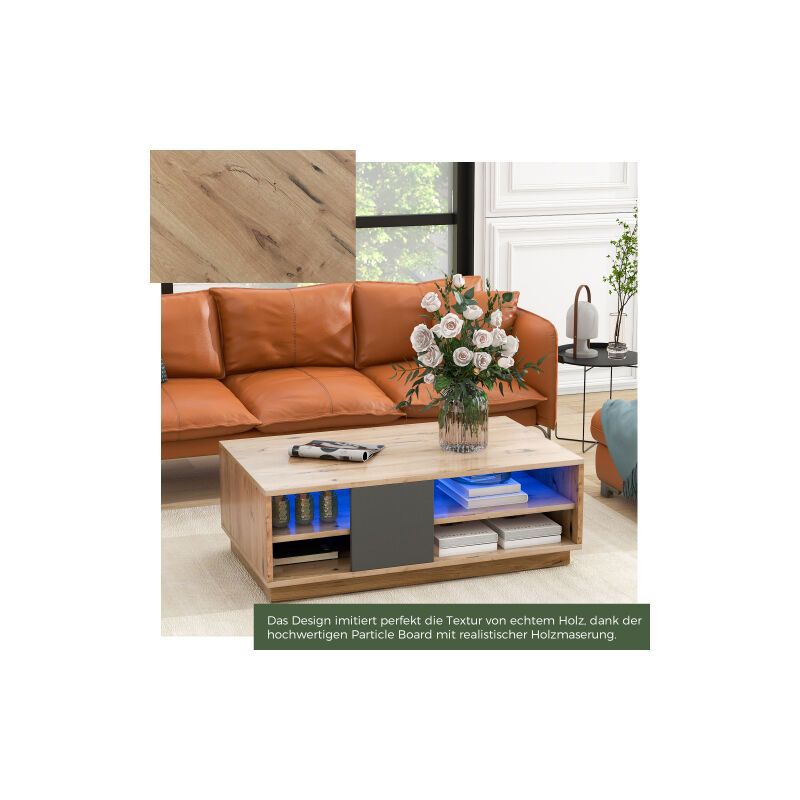 Table basse avec éclairage led, table de salon aspect bois ancien, table d'appoint avec grand espace de rangement