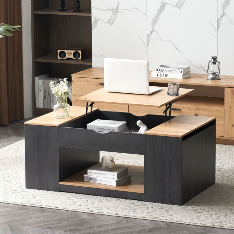 Okwish - Table basse noire relevable, table de salon avec espace de rangement sous le plateau, 110x60x43 cm
