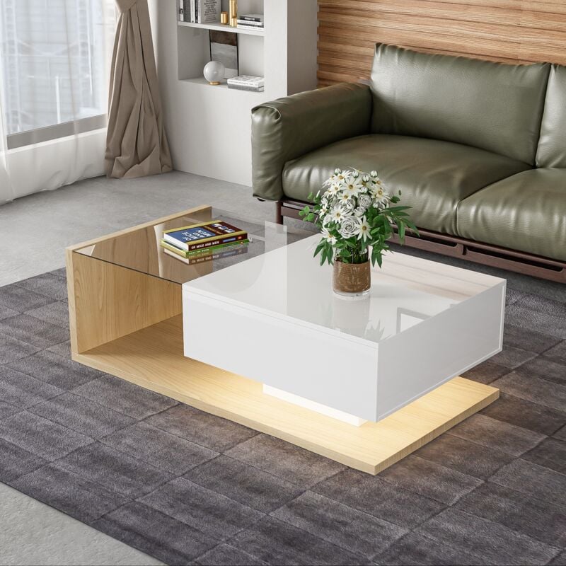 Modernluxe - Table basse avec led - en verre et panneaux de particules - Naturel