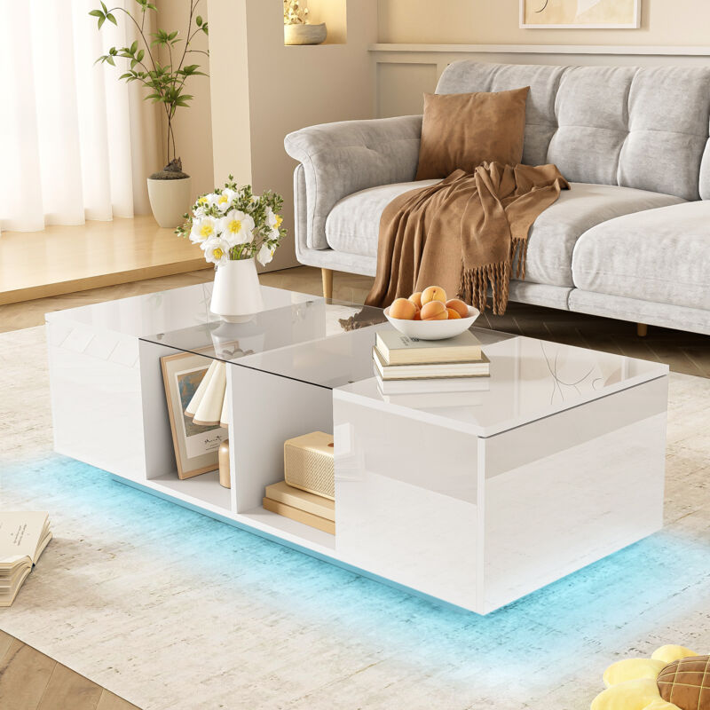 Table basse avec led multicolore - 2 portes abattantes et étagère en verre - Blanc