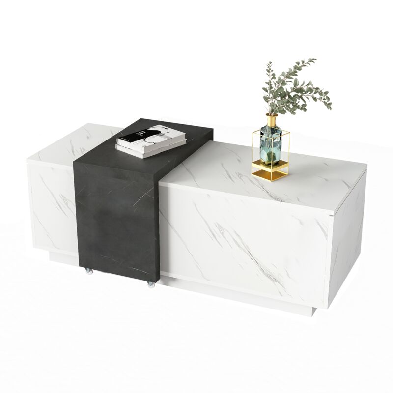 Table basse avec placage aspect marbre, motif classique en marbre blanc, idéale pour le salon et le bureau