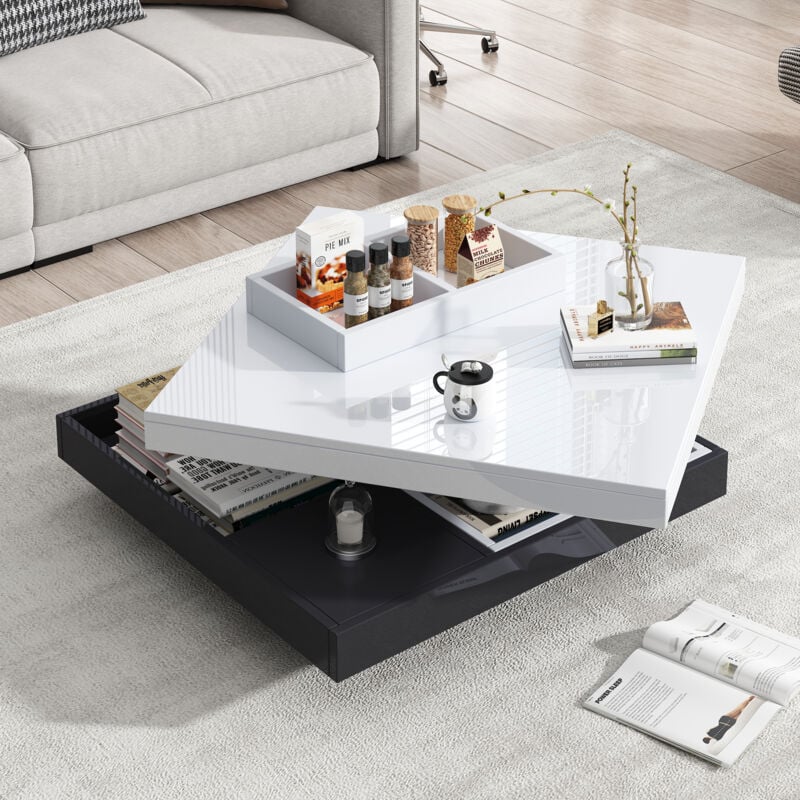 Table basse avec plateau brillant, rotation à 360°, avec compartiments de rangement, 70x70x36 cm, noir + blanc