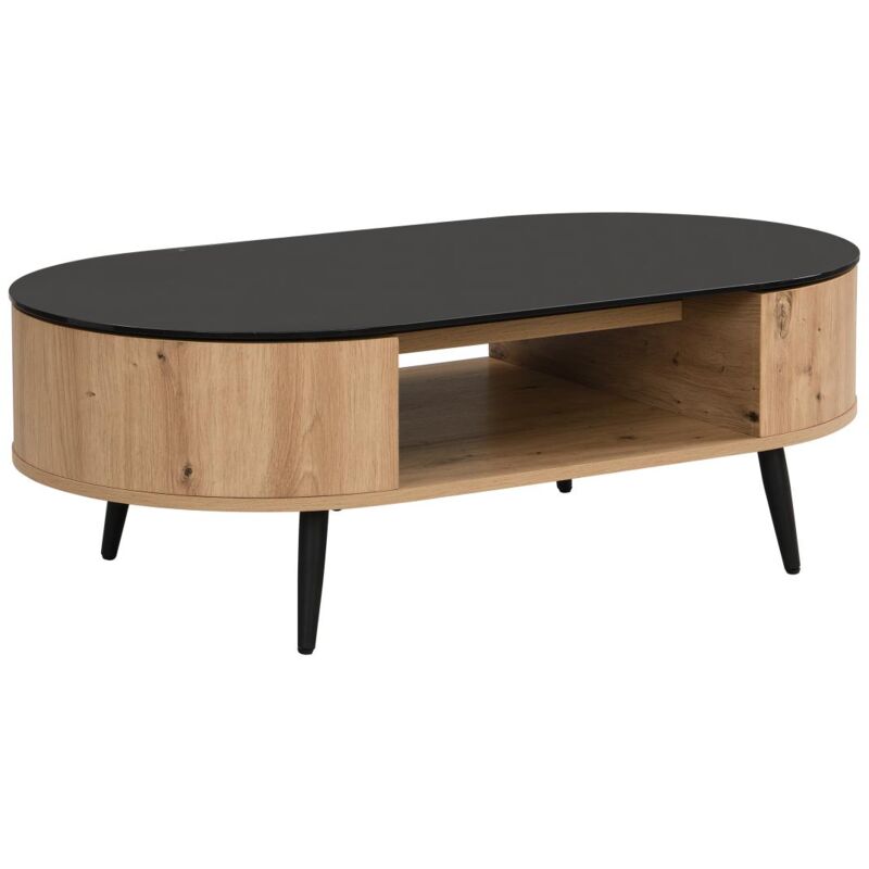 Vente-unique - Table basse avec plateau pivotant et 3 niches en mdf et verre trempé - Naturel et noir - yonisma