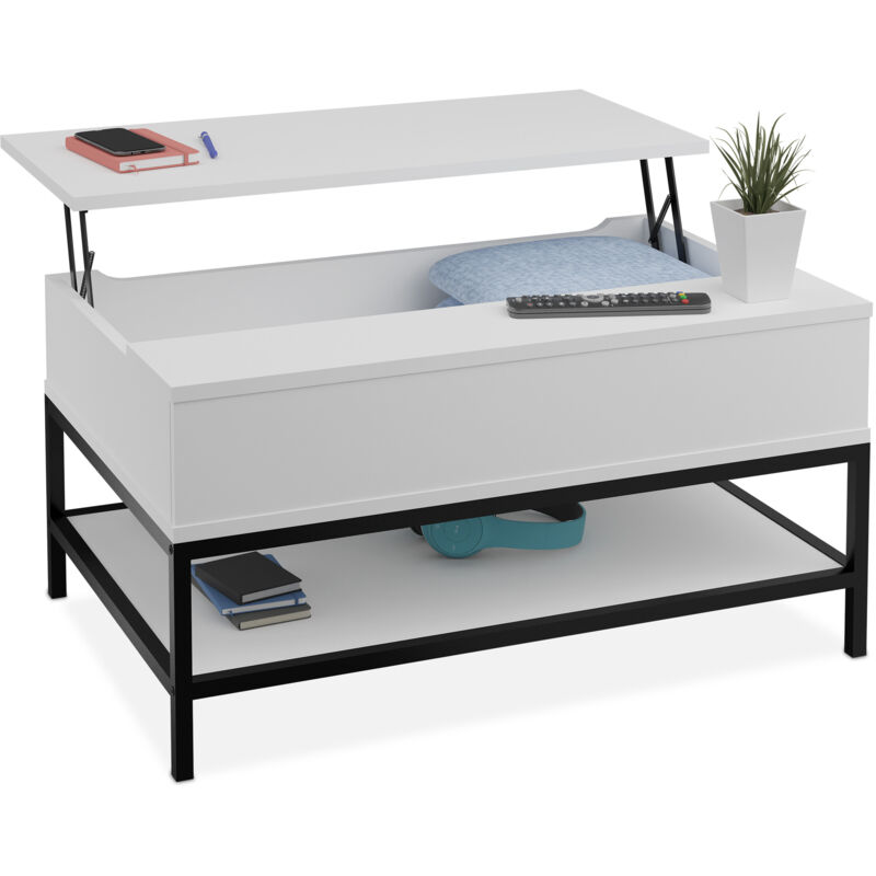 Relaxdays - Table basse avec plateau relevable, 42x98x50 cm, compartiment intérieur, meuble de salon, blanc/noir