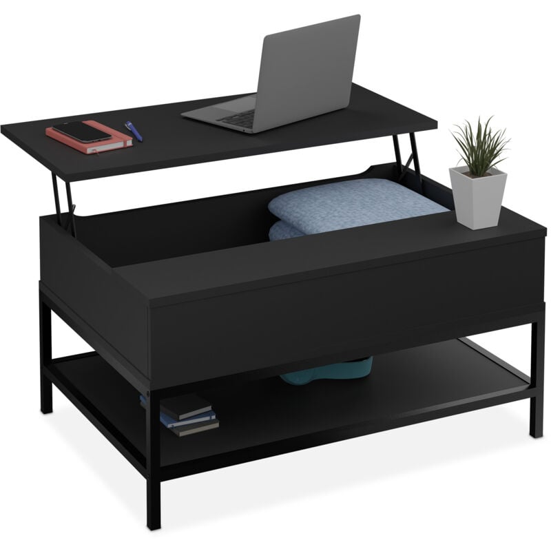 Table basse avec plateau relevable, 42x98x50 cm, compartiment intérieur, meuble de salon, noire - Relaxdays