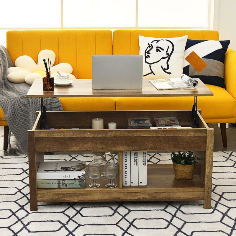 Table Basse avec Plateau Relevable avec Espace de Rangement Caché et Etagère Inférieur 109 x 47,5 x 50-63 cm Chêne design in