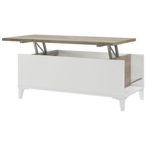 Table basse avec plateau relevable - Blanc/Chene - L 100 x P 50/72 x H 42/55 cm - EVAN