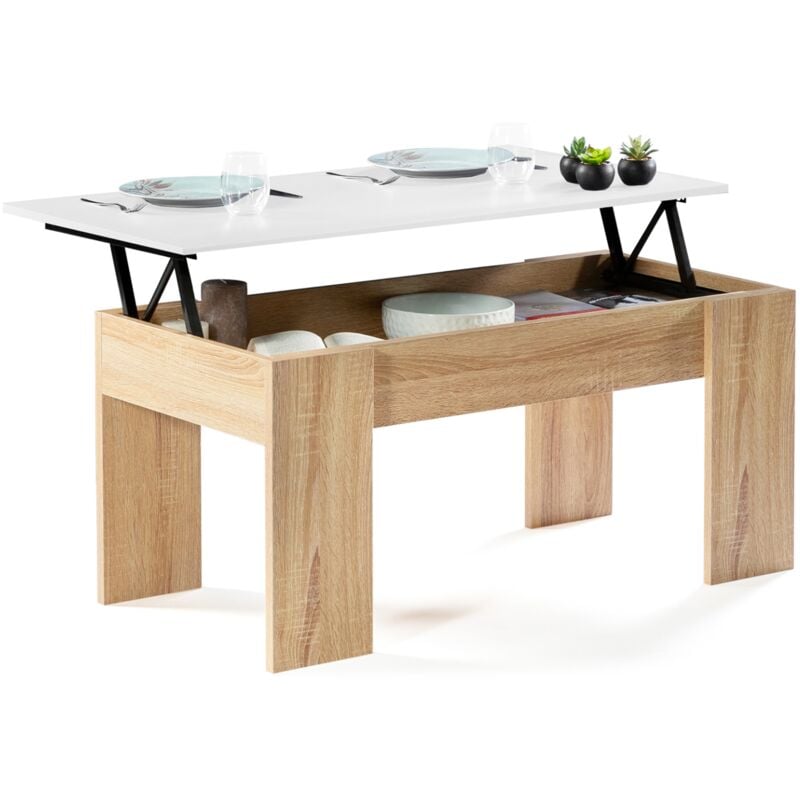 Idmarket - Table basse plateau relevable rectangulaire tara bois imitation hêtre et blanc