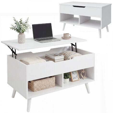 Table basse avec plateau relevable et rangement dissimulé, 75 cm, blanc perforé