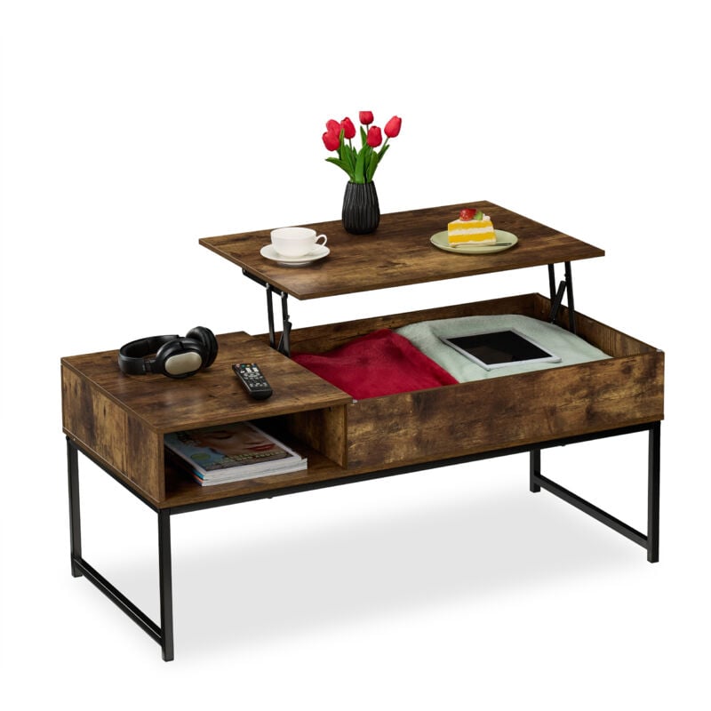 Table basse avec plateau relevable, hlp : 45x110x50 cm, effet bois et métal, table de salon, marron - Relaxdays