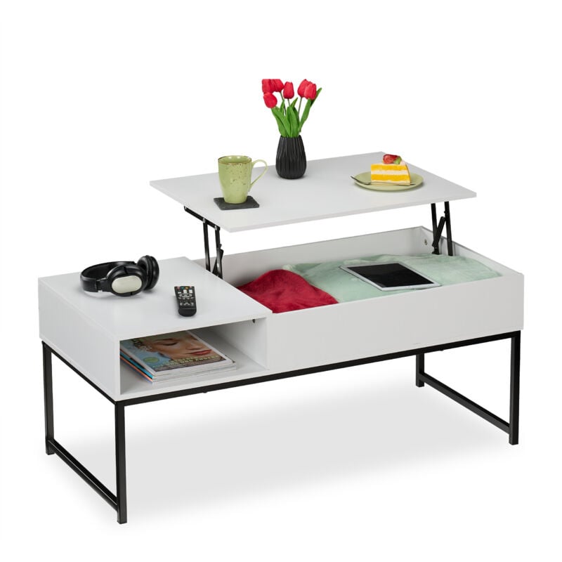 Relaxdays Table basse avec plateau relevable, HLP : 45x110x50 cm, effet bois et métal, table de salon, blanche