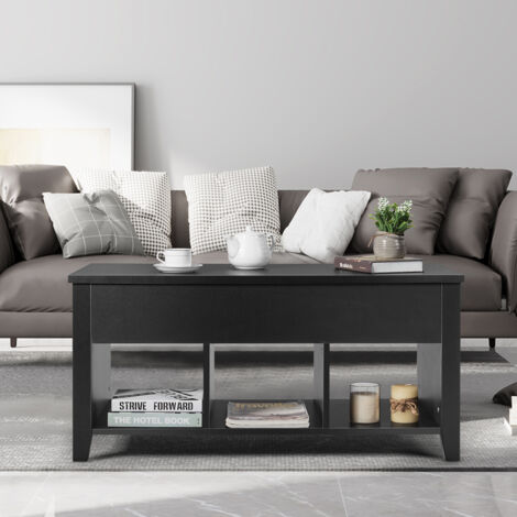 Table Basse avec Plateau Relevable Noir 104,5 x 49,5 x 48,5 CM avec Trois Compartiments pour Rangement Design Contemporain CW41533