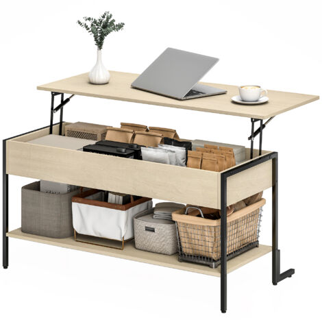 Table basse avec plateau relevable, table de salon avec compartiment caché et étagère ouverte, 95x40x59cm, bois naturel