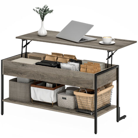 Table basse avec plateau relevable, table de salon avec compartiment caché et étagère ouverte, 95x40x59cm, gris