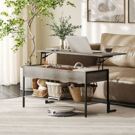 Table basse avec plateau relevable. table de salon avec compartiment caché et étagère ouverte. 95x40x59cm. gris