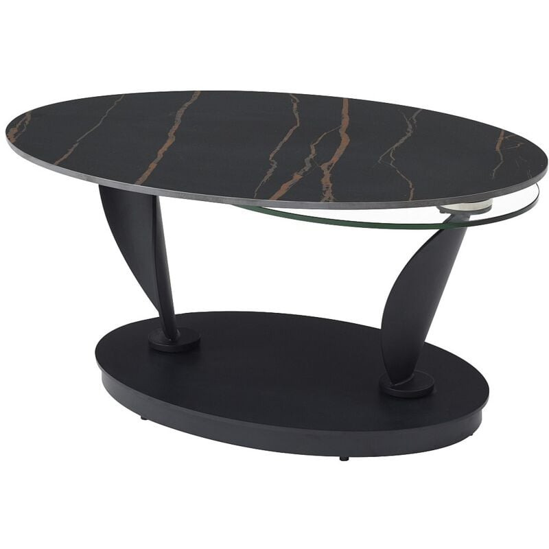 Table basse avec plateaux pivotants en céramique, verre trempé et métal - Effet marbre noir - MANEYA de Maison Céphy