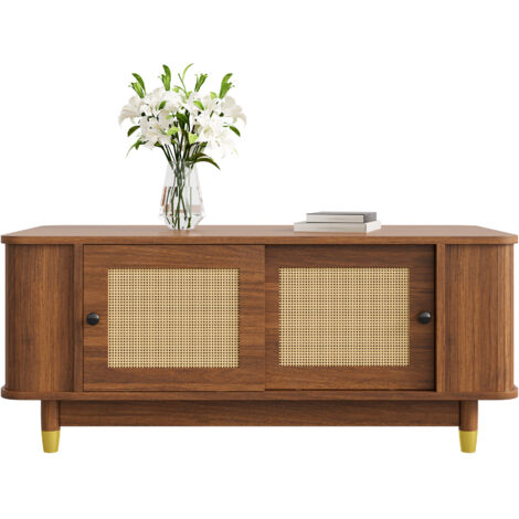 Table basse avec portes coulissantes en rotin, coins arrondis, rangement, MDF aspect bois, table de salon, design moderne