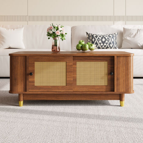 Table basse avec portes coulissantes en rotin,coins arrondis,rangement,MDF,effet bois,table de salon,design moderne