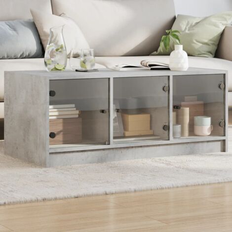 Table basse avec portes en verre-Table Salon-Table d'appoint gris béton 102x50x42 cm 787617