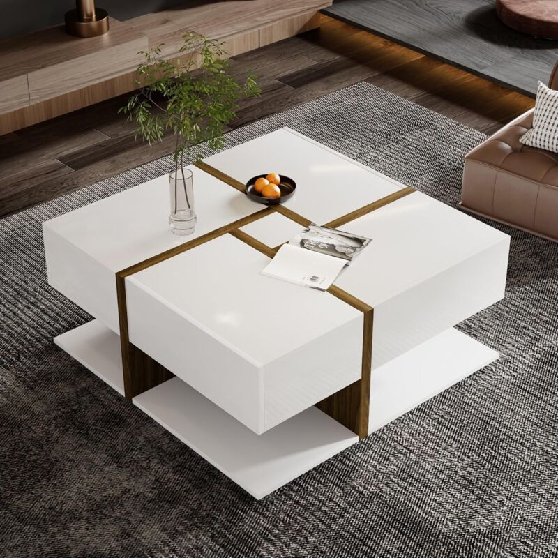 Table basse avec rangement – Table basse de salon avec éclairage LED et tiroirs – Design laqué brillant – Charge maximale : 50 kg – 100 x 50 x 38,5