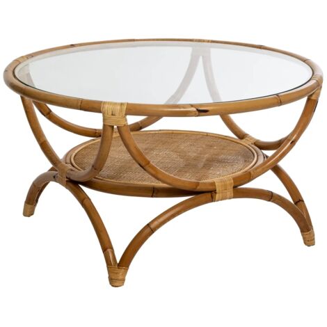 Table basse avec rangements en rotin et verre trempé - Diamètre 90 x Hauteur 51 cm