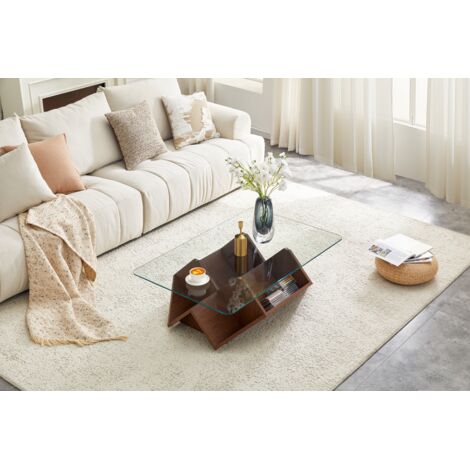Table basse avec rangements ouverts, plateau en verre trempé, structure MDF noyer, pour salon ou bureau
