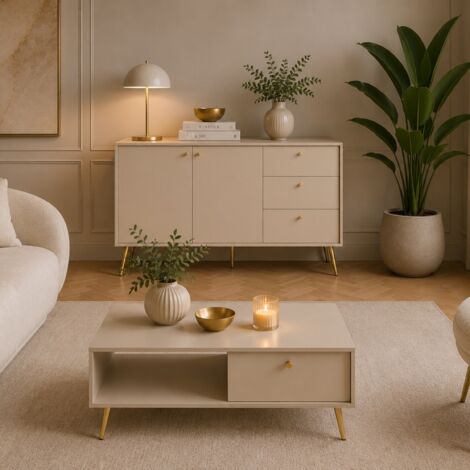 Table basse avec tiroir beige et pied doré EZIA