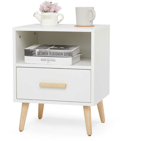 Table basse avec tiroir et compartiment ouvret, Table de chevet en bois,1 tiroir et niche de rangement-,Blanc-Meerveil