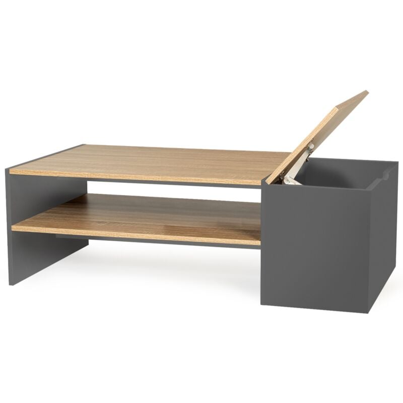 Table basse bar contemporaine rectangulaire izia avec coffre gris et plateaux bois