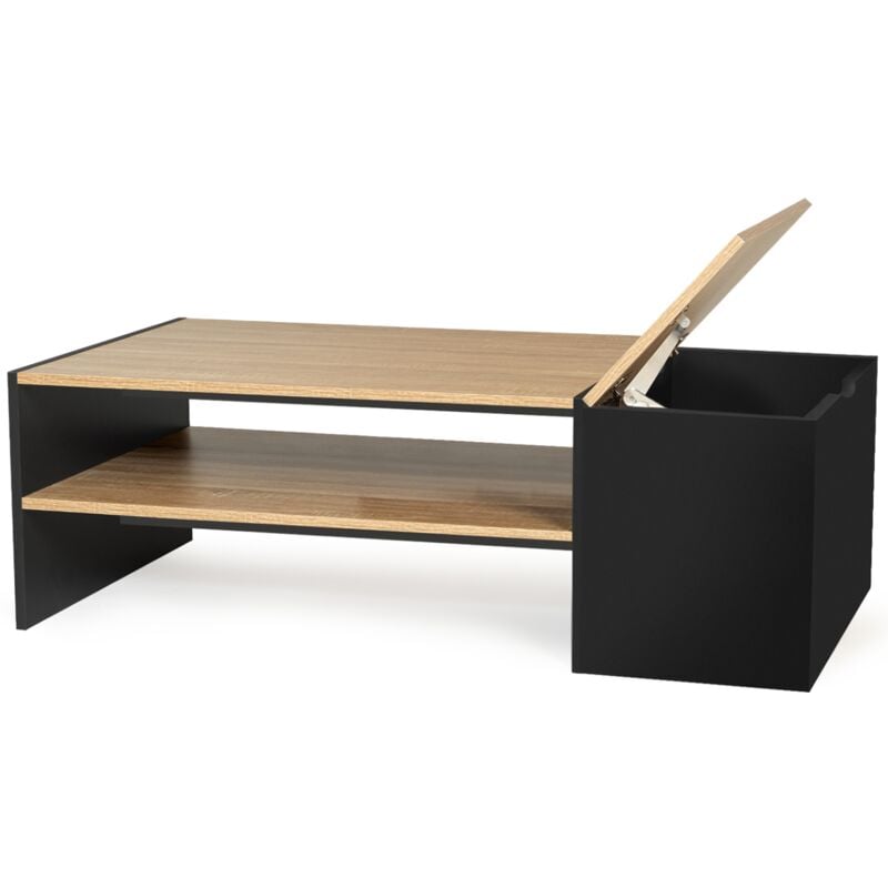 Table basse bar contemporaine rectangulaire izia avec coffre noir et plateaux bois