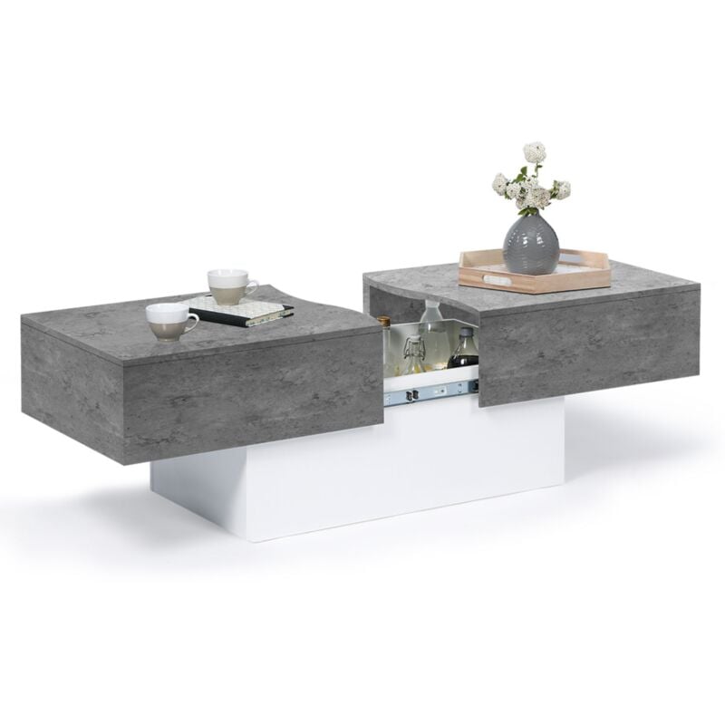 Table basse coulissante MARTA bois blanc et plateau effet béton