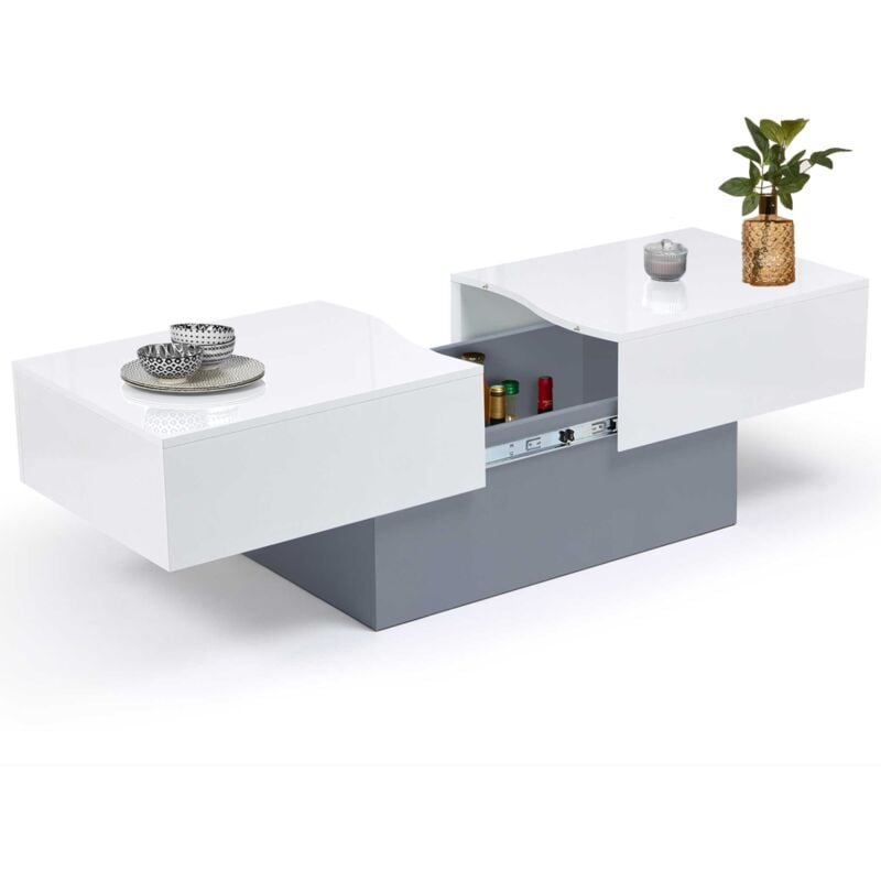 Table basse coulissante rectangulaire MARTA bois gris et plateau blanc