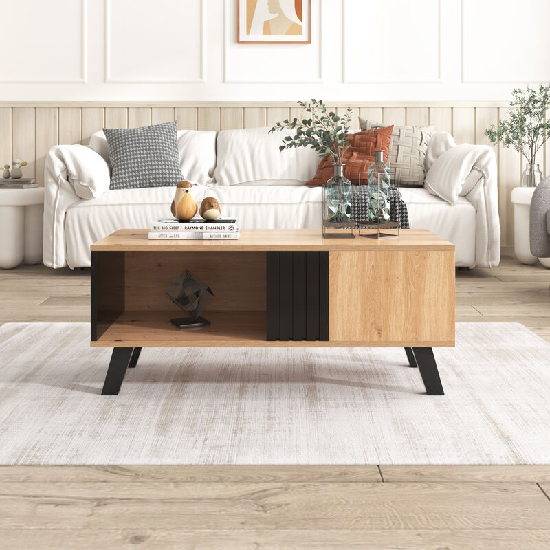 Table basse bicolore 100x60x53 cm, espace de rangement multifonctionnel, épissure naturelle + noire, style simple et moderne