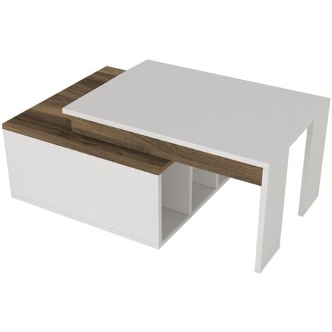 Table Basse Bicolore Blanc et Noyer avec Étagères, 90x37,4x60 cm, Pour Salon ou Salle Familiale