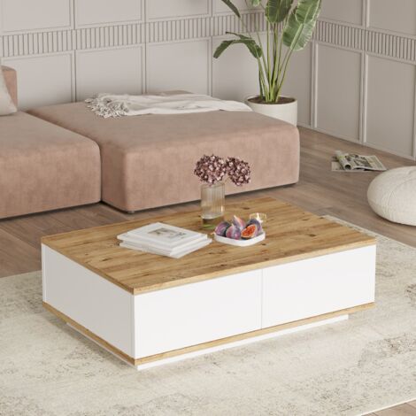 Table Basse Bicolore en Pin Atlantique et Blanc - 90x28,6 cm, Profondeur 60 cm, Design Épuré et Moderne