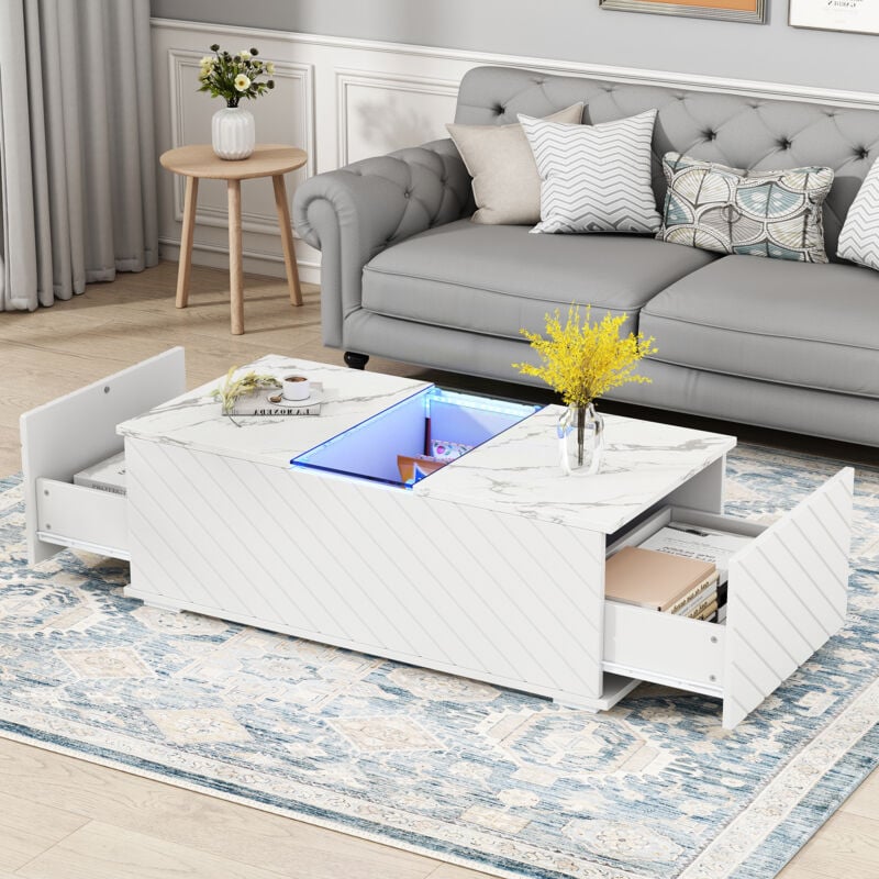 Table basse blanc 100x50x35cm, 2 tiroirs, éclairage led, placage marbre, avec éléments en verre