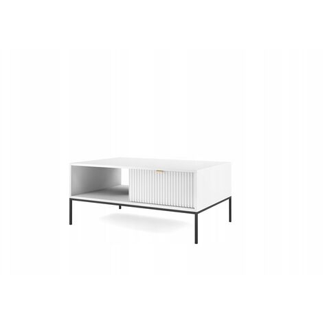 Table basse Blanc 104x68x46cm design moderne avant rainuré avec tiroir de haute qualité modèle Noemie