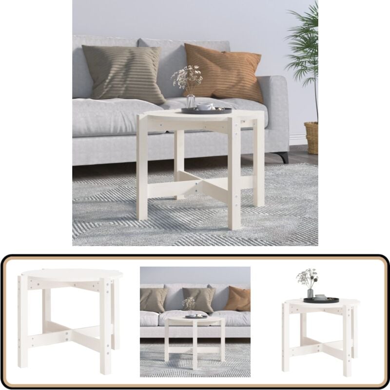 Table basse Blanc ø 62,5x45 cm Bois massif de pin - Table Basse - Meuble Salon - Table Ronde - Bois Massif - Pin