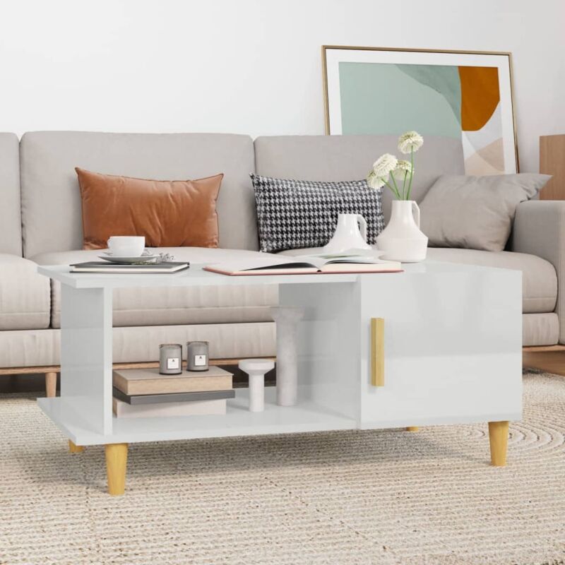 Mercatoxl - Table basse Blanc brillant 90x50x40 cm Bois d'ing&eacute;nierie