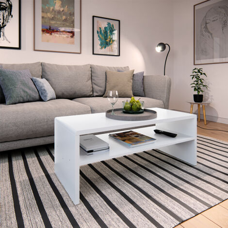 Vicco – Table basse fixe blanche 99x40x40cm – Panneau de particules 16mm – Étageres ouvertes pour rangement – Surface en résine mélamine