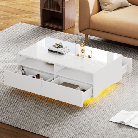 Table basse blanc brillante avec LED, table d'appoint rectangulaire pour chambre et salon, 4 tiroirs, 90x55x35cm