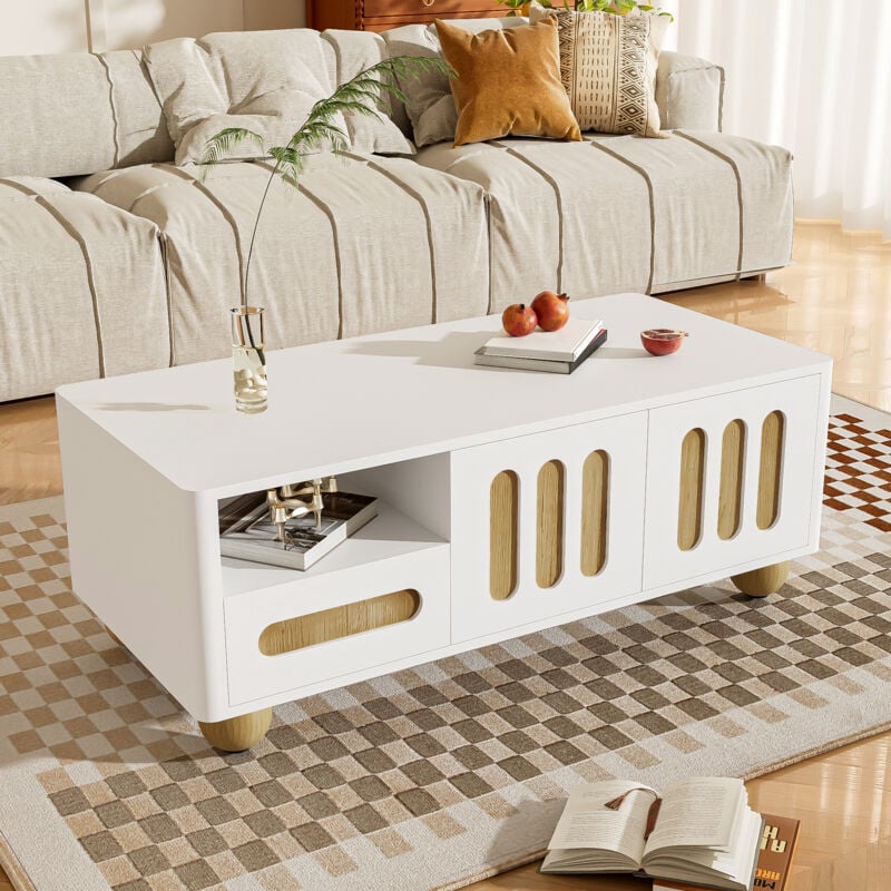 Table basse blanc et bois moderne avec 4 portes, 2 tiroirs et compartiment ouvert, éclairage led, pieds de table sphériques