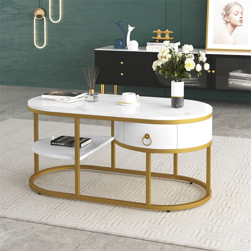 Table basse Blanc Or 100x50x45cm, table basse plateau en marbre avec structure en fer doré, avec tiroirs et étagères